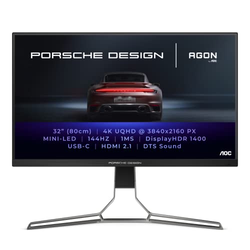 AOC AGON PRO PD32M Porsche Design - LED monitor - gaming - 31.5" - 3840 x 2160 4K @ 144 Hz - IPS - 1600 cd/mÂ² - 1000:1 - DisplayHDR 1400 - 1 ms - 2xHDMI, DisplayPort, USB-C - speakers - matte black