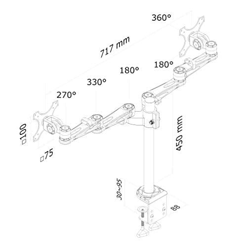 NewStar Full Motion Dual Desk Mount (clamp) for two 10-27" Monitor Screens, Height Adjustable - Silver - Desk mount for 2 LCD displays (adjustable arm) - silver - screen size: 10"-27"