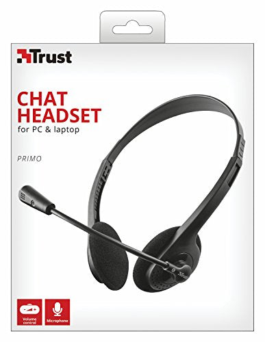 Trust Primo Chat Headset for PC and Laptop 3.5mm Plug Connection 1.8m Cable Length In Line Volume Control Adjustable Sensitive Microphone