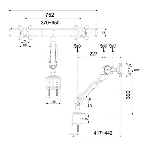 Newstar Full Motion Dual Desk Mount (clamp) for two 10-24" Monitor Screens, Height Adjustable (gas spring) - Silver. Tilt, Turn (left and right) and Rotate dual desk mount suitable for two screens between 10" and 24" and up to 15kg max combined weight. Height Adjustable.This model allows you to tilt your screens forward, turn, rotate and adjust the height to choose the ideal viewing angle to suit your needs. - Mount suitable for VESA sizes: 75x75 and 100x100mm - Newstar have over 20 years experi