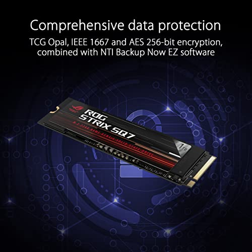 ROG Strix SQ7 1TB M.2 PCIe Gen4 NVMe internal SSD with DRAM buffering and large SLC cache, enabling up to 7000 MB/s transfer speeds, compatible with PC and PlayStation 5 and featuring TCG Opal and AES 256-bit encryption plus NTI Backup