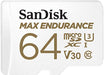 SanDisk Max Endurance - Flash memory card (microSDXC to SD adapter included) - 64 GB - Video Class V30 / UHS-I U3 / Class10 - microSDXC UHS-I