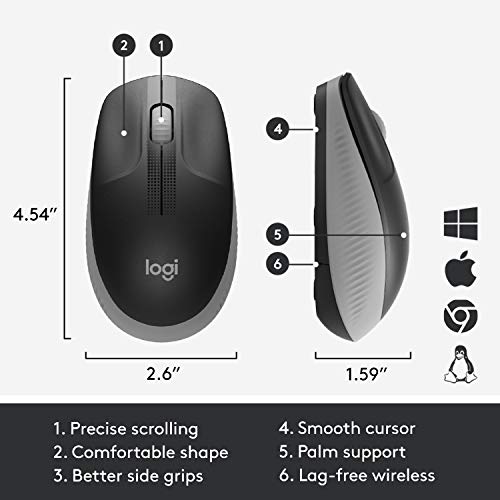 Logitech M190 - Mouse - optical - 3 buttons - wireless - USB wireless receiver - mid grey