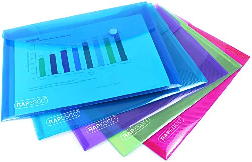 Best Value Rapesco 0689 A5 Plastic Popper Wallet, Assorted Transparent Colours, Pack of 5