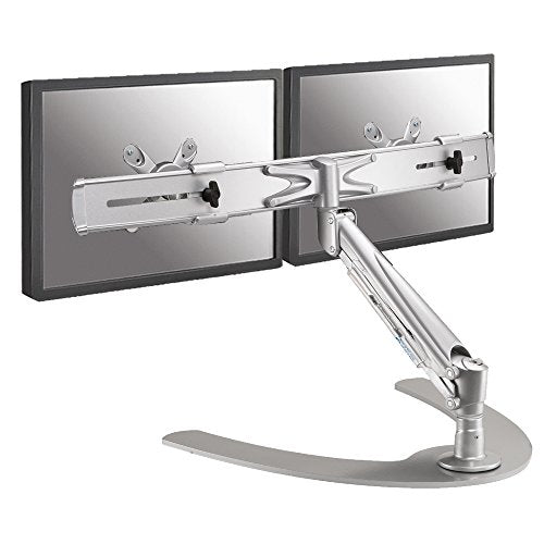 Newstar Full Motion Dual Desk Stand for two 10-24" Monitor Screens, Height Adjustable (gas spring) - Silver. Tilt, Turn (left and right) and Rotate dual desk mount suitable for two screens between 10" and 24" and up to 15kg max combined weight. Height Adjustable.This model allows you to tilt your screens forward, turn, rotate and adjust the height to choose the ideal viewing angle to suit your needs. - Mount suitable for VESA sizes: 75x75 and 100x100mm - Newstar have over 20 years experience pro