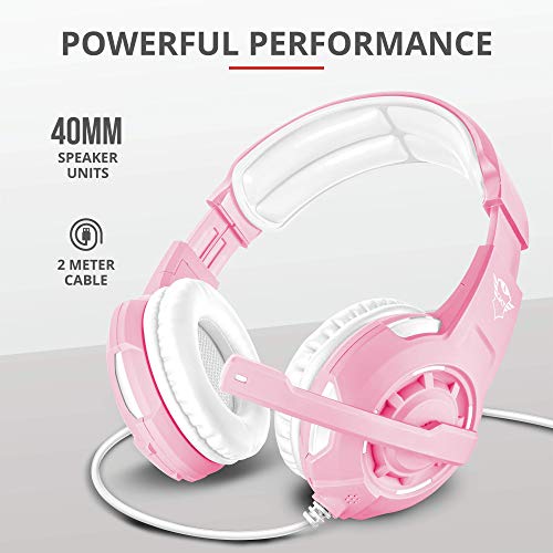 Trust GXT 310P Radius Wired 3.5mm Headset Pink White Soft and Comfortable Over Ear Pads Adjustable Microphone and Headband 1m Fixed Cable