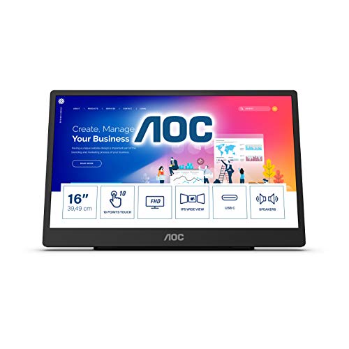 AOC 16T2 15.6in IPS 1920 x 1080 Full HD 1080p 60Hz 4ms Multi Touch MM HDMI USB C LED Monitor Black