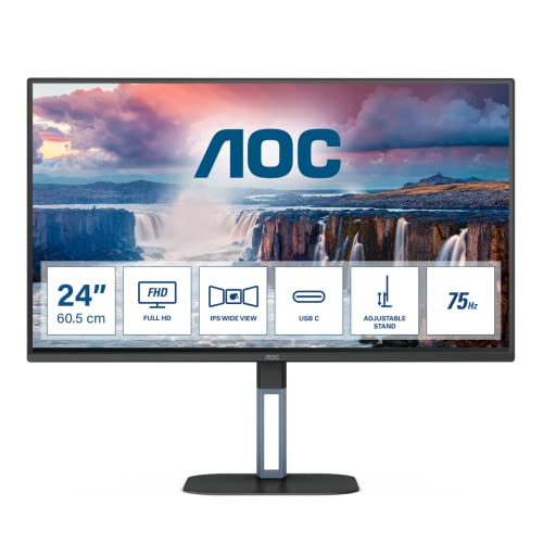 AOC Value-line 24V5C/BK - V5 series - LED monitor - 24" (23.8" viewable) - 1920 x 1080 Full HD (1080p) @ 75 Hz - IPS - 300 cd/m≤ - 1000:1 - 4 ms - HDMI, DisplayPort, USB-C - speakers - black