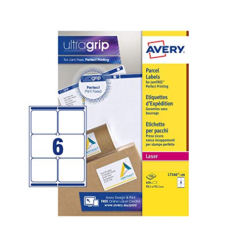 Best Value Avery L7166 Self Adhesive Parcel Shipping Labels, Laser Printers, 6 Labels Per A4 Sheet, 600 Labels, UltraGrip, White