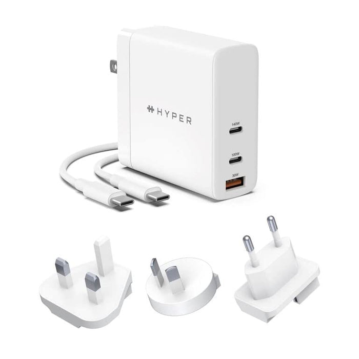 HyperJuice - Power adapter - GaN technology - 140 Watt - QC 3.0, Power Delivery 3.1 - 3 output connectors (USB, 2 x USB-C) - white