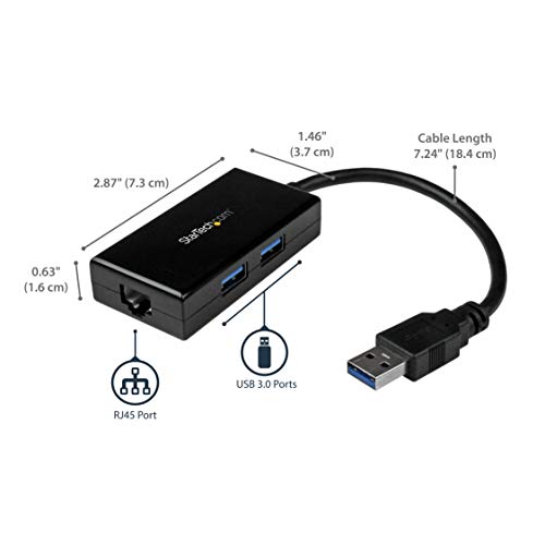 StarTech.com 2 Port USB 3.0 Hub with Ethernet - USB 3.0 x 2 - Gigabit Ethernet Network Adapter for Windows / Mac / Chrome (USB31000S2H)