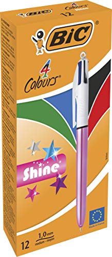 Best Value BIC 4 Colours Shine Ballpoint Pens - Metallic Pink Body, Box of 12