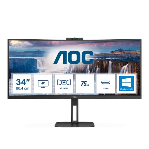 AOC Value-line CU34V5CW/BK - V5 series - LED monitor - curved - 34" - 3440 x 1440 WQHD @ 100 Hz - VA - 300 cd/m≤ - 3000:1 - 4 ms - HDMI, DisplayPort, USB-C - speakers - black