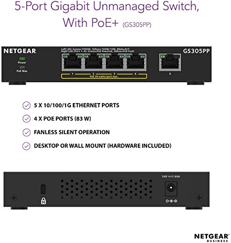 NETGEAR GS305PP - Switch - unmanaged - 5 x 10/100/1000 (4 PoE) - desktop, wall-mountable - PoE (83 W) - DC power