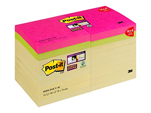 Best Value Post-it Notes Super Sticky Promo Pack of 14+ 4Free, 76x 76mm, neon Yellow Canary/Fuchsia/Green