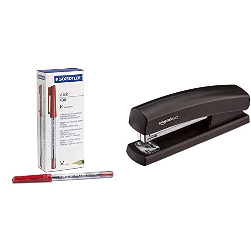 Best Value Staedtler Stick 430 M-2 Ballpoint Pen Medium - Red (Box of 10) & AmazonBasics Stapler with 1000 Staples, Black