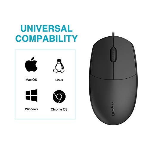 Rapoo N100 Ambidextrous Wired Optical 1600 DPI Mouse 3 Buttons Including 2D Non Slip Scroll Wheel High Resolution Ergonomic Design