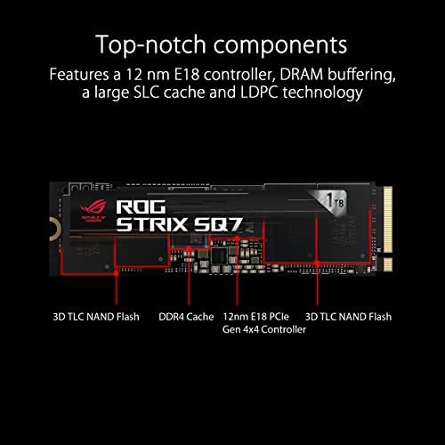 ROG Strix SQ7 1TB M.2 PCIe Gen4 NVMe internal SSD with DRAM buffering and large SLC cache, enabling up to 7000 MB/s transfer speeds, compatible with PC and PlayStation 5 and featuring TCG Opal and AES 256-bit encryption plus NTI Backup