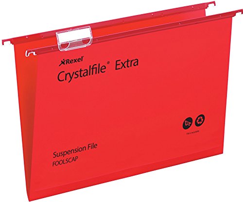 Best Value Rexel 70629 Crystalfile Extra Foolscap Suspension File, 150 Sheet Capacity, 15 mm V-Base Polypropylene, Pack of 25, Red