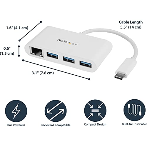 3 Port USB3 Hub Gbe USBc To 3XUSBa White