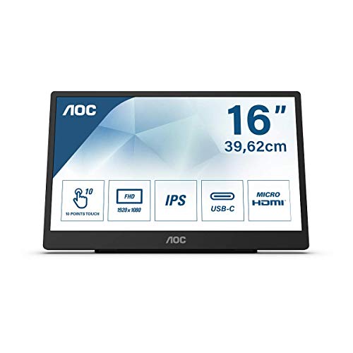 AOC 16T2 15.6in IPS 1920 x 1080 Full HD 1080p 60Hz 4ms Multi Touch MM HDMI USB C LED Monitor Black