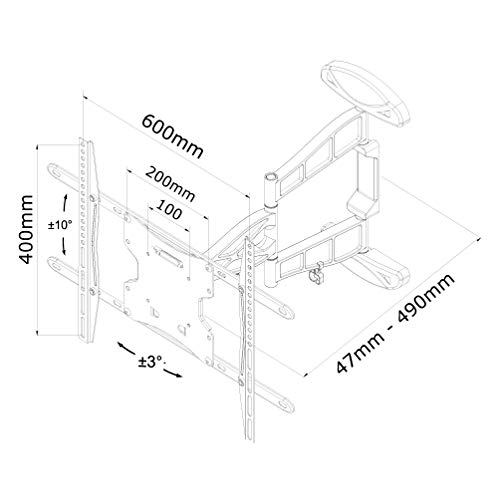 Newstar TV/Monitor Wall Mount (Full Motion) for 32"-60" Screen - Silver. Tilt and Swing (3 pivots) wall mount suitable for screens between 32" and 60" and up to 30kg max.  Depth 4 to 50cm. This model allows you to pull your screen away from the wall, and then turn it left or right, and also tilt forward to choose the ideal viewing angle to suit your needs. - Mount suitable for VESA sizes: 100x100, 200x100, 200x200, 400x400 and 600x400mm - Newstar have over 20 years experience providing high qual