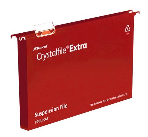 Best Value Rexel 70632 Crystalfile Extra Foolscap Suspension File, 300 Sheet Capacity, 30 mm Squared Base Polypropylene, Pack of 25, Red