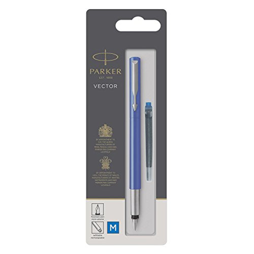 Best Value Parker Medium Nib Vector Fountain Pen, Blue with Chrome Trim, Blue Ink, Blister Pack