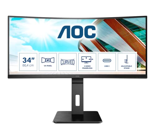 AOC Pro-line CU34P2C - P2 Series - LED monitor - curved - 34" - 3440 x 1440 UWQHD @ 100 Hz - VA - 300 cd/m² - 3000:1 - 1 ms - 2xHDMI, DisplayPort, USB-C - speakers - black