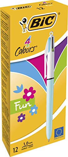 Best Value BIC 4 Colours Fun Ballpoint Pens Medium Point (1.0 mm) - Light Blue Pastel Barrel, Box of 12