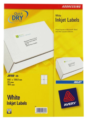 Best Value Avery Self Adhesive Parcel Shipping Labels, Inkjet Printers, 4 Labels Per A4 sheet, 100 labels, QuickDRY (J8169)