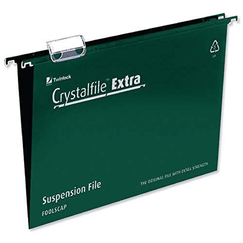 Best Value Rexel 70628 Crystalfile Extra Foolscap Suspension File, 150 Sheet Capacity, 15 mm V-Base Polypropylene, Green, Pack of 25