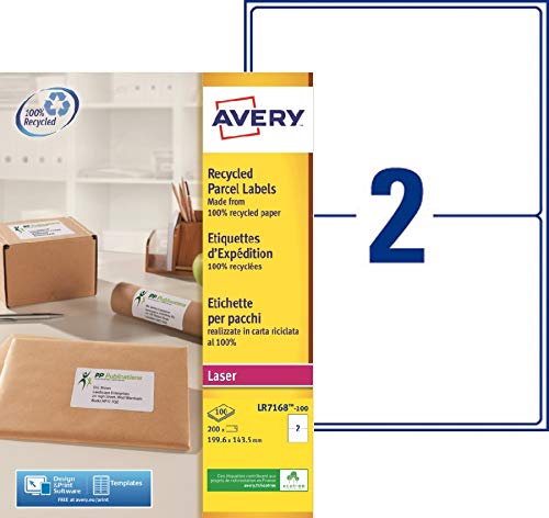 Best Value Avery Self Adhesive Recycled Parcel Shipping Labels, Laser Printers, 2 Labels Per A4 Sheet, 200 labels, QuickPEEL, White