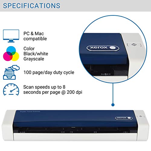 Xerox Duplex Travel Scanner. Portable Mobile scanner. A4, 600dpi USB 2.0. USB powered. LED light source. Scans documents, cards and photos. Windows : DriverPLUS TWAIN, WIA Mac OS: Visioneer Scan Utility, TWAIN, ICA