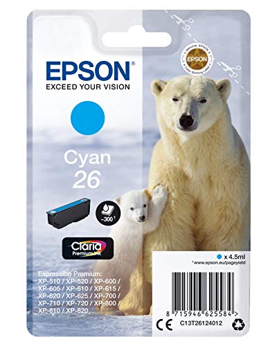 Epson 26 - 4.5 ml - cyan - original - blister - ink cartridge - for Expression Premium XP-510, 520, 600, 605, 610, 615, 620, 625, 700, 710, 720, 800, 810, 820