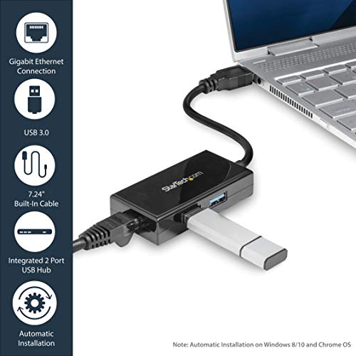 StarTech.com 2 Port USB 3.0 Hub with Ethernet - USB 3.0 x 2 - Gigabit Ethernet Network Adapter for Windows / Mac / Chrome (USB31000S2H)