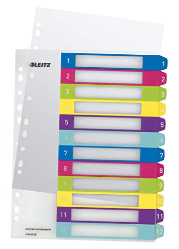 Best Value Leitz 12440000 A4 WOW 1-12 Index, PC-Printable, Extra Wide, Heavy Duty Plastic, White/Multicolour