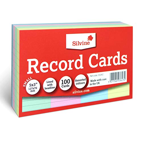 Best Value Silvine 5x3" Multi-coloured Record Cards - Lined with headline, 100 cards per pack. Ref 553AC (127 x 76mm)