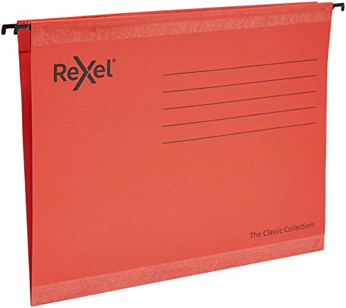 Rexel 2115589 Classic Reinforced A4 Suspension File, 150 Sheet Capacity, 15 mm V-Base Recycled Card, Pack of 25, Red