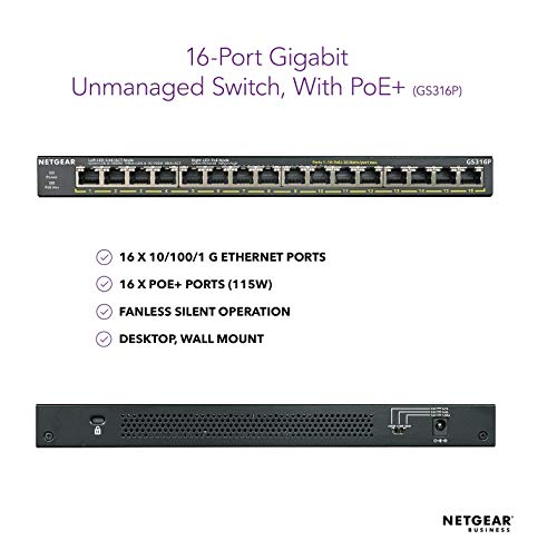 NETGEAR GS316P - Switch - unmanaged - 16 x 10/100/1000 (PoE+) - desktop, wall-mountable - PoE+ (115 W)