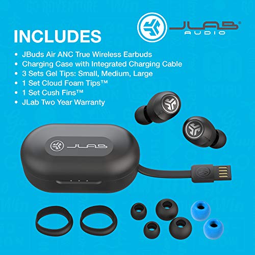 JLab Audio JBuds Air ANC Noise Cancelling True Wireless Bluetooth In Ear Headphones with Mic Remote Black Up to 40 Hours Battery Life Rechargeable Bat