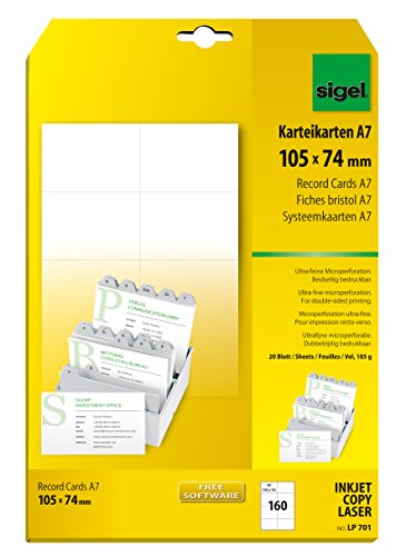 Best Value SIGEL LP701 Record Cards / Index Cards, A7, 185 gsm, 160 pcs. = 20 sheets, white