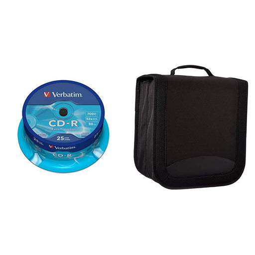 Best Value Verbatim 43432 700MB 52x Extra Protection CD-R - 25 Pack Spindle & AmazonBasics CD/DVD Wallet 128 Disc Capacity Nylon Black