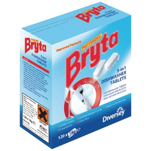 Best Value Diversey Bryta 5-in-1 Dishwasher Tablets, long cycle machines, contains enzymes salt and oxygen bleach, 120 Tabs