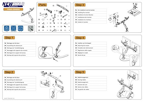 Newstar Full Motion Dual Desk Stand for two 10-24" Monitor Screens, Height Adjustable (gas spring) - Silver. Tilt, Turn (left and right) and Rotate dual desk mount suitable for two screens between 10" and 24" and up to 15kg max combined weight. Height Adjustable.This model allows you to tilt your screens forward, turn, rotate and adjust the height to choose the ideal viewing angle to suit your needs. - Mount suitable for VESA sizes: 75x75 and 100x100mm - Newstar have over 20 years experience pro