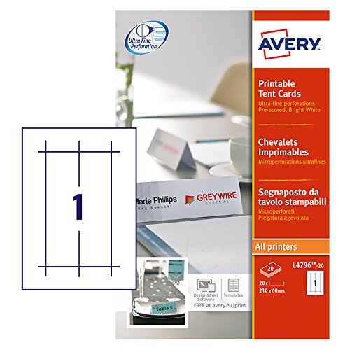 Best Value Avery L4796-20 Printable Place/Tent Cards, 1 Card Per A4 Sheet, White