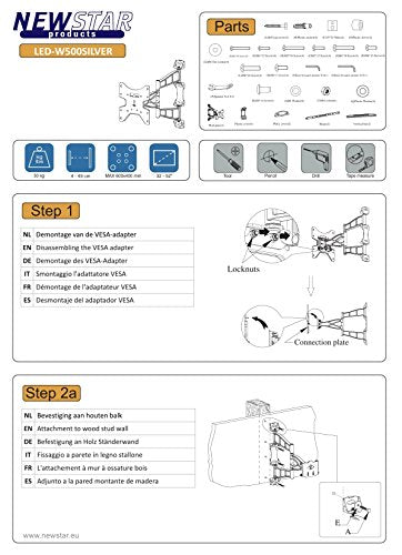 Newstar TV/Monitor Wall Mount (Full Motion) for 32"-60" Screen - Silver. Tilt and Swing (3 pivots) wall mount suitable for screens between 32" and 60" and up to 30kg max.  Depth 4 to 50cm. This model allows you to pull your screen away from the wall, and then turn it left or right, and also tilt forward to choose the ideal viewing angle to suit your needs. - Mount suitable for VESA sizes: 100x100, 200x100, 200x200, 400x400 and 600x400mm - Newstar have over 20 years experience providing high qual