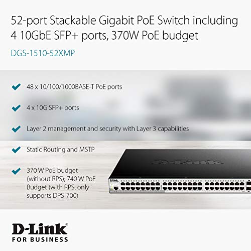 D-Link DGS 1510-52XMP - Switch - L3 - smart - 48 x 10/100/1000 (PoE+) + 4 x 10 Gigabit SFP+ - rack-mountable - PoE+ (370 W)