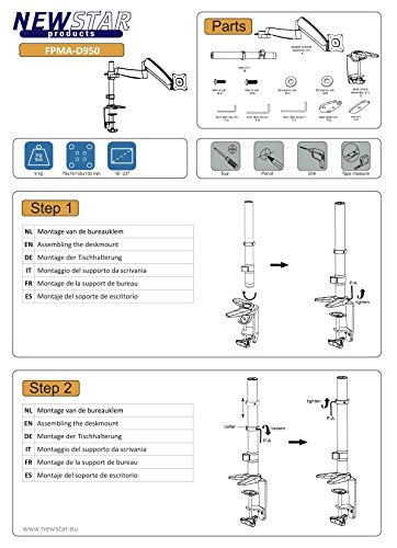 NewStar Full Motion Desk Mount (clamp) for 10-30" Monitor Screen, Height Adjustable (gas spring) - Silver - Desk mount for LCD / plasma panel (adjustable arm) - silver - screen size: 10"-30"