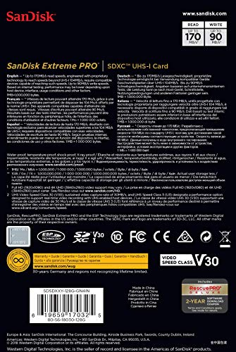 SanDisk Extreme Pro - Flash memory card - 128 GB - Video Class V30 / UHS-I U3 / Class10 - SDXC UHS-I